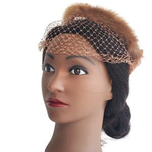 Pillbox Hat 1940s 50s Crochet Net Mink Fur Brown Satin Bow